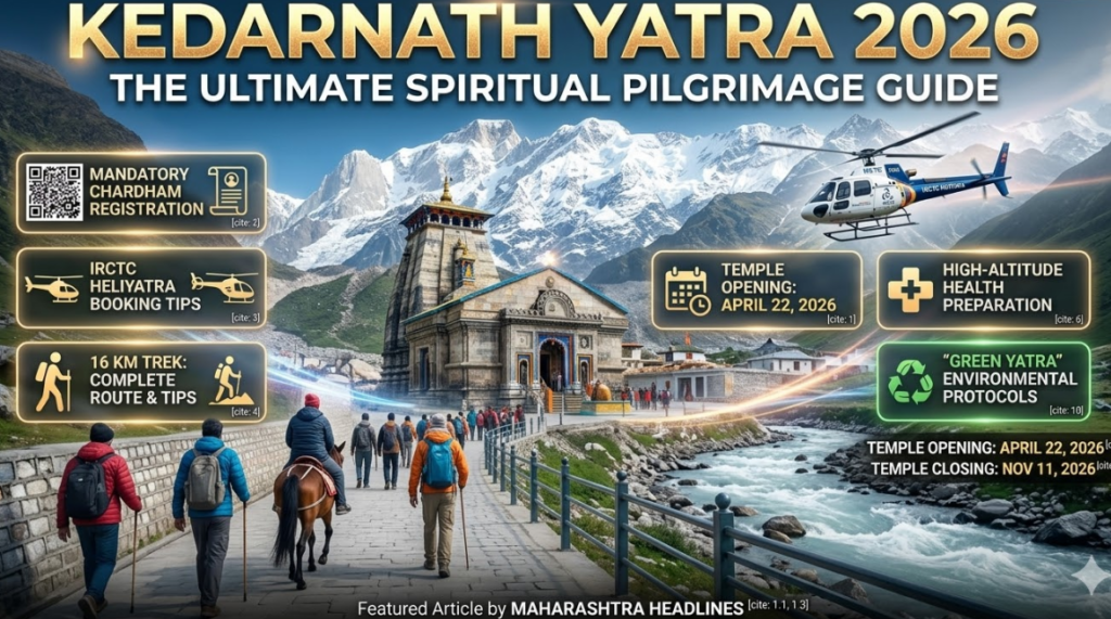 The image shows an illustrated scene of the Kedarnath Temple with snow-capped Himalayan mountains in the background. In the foreground, pilgrims, some with backpacks and one on horseback, walk on a paved trail. A helicopter is in the upper right sky. Six text boxes with icons highlight key points: On the left, 'MANDATORY CHARDHAM REGISTRATION,' 'IRCTC HELIYATRA BOOKING TIPS,' and '16 KM TREK: COMPLETE ROUTE & TIPS.' On the right, 'TEMPLE OPENING: APRIL 22, 2026,' 'HIGH-ALTITUDE HEALTH PREPARATION,' and '‘GREEN YATRA’ ENVIRONMENTAL PROTOCOLS.' Text in the bottom right corner details the dates: 'TEMPLE OPENING: APRIL 22, 2026' and 'TEMPLE CLOSING: NOV 11, 2026.' A footer at the bottom reads: 'Featured Article by MAHARASHTRA HEADLINES'