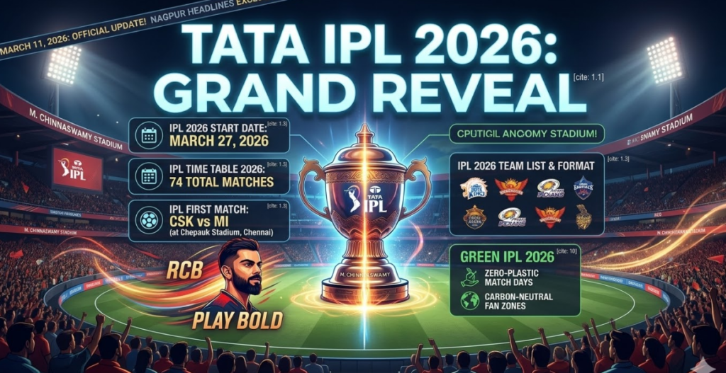 An infographic screen conceptually titled 'GREEN IPL 2026 ENVIRONMENTAL PROTOCOLS' conceptually conceptually visual conceptual listing three key initiatives: Zero-Plastic Match Days, Carbon-Neutral Fan Zones, and Digital Footprint Tracking conceptually visual conceptually integrated digital grid visualization conceptually verbatim lists detailed conceptual. Text conceptually banner concepts: TATA IPL 2026: Swachh IPL 2026 Initiative! concepts conceptual conceptual.