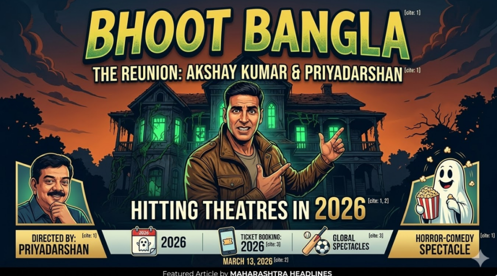 A cinematic featured image poster for the article 'Akshay Kumar’s Bhoot Bangla 2026 Release Date: Details, Cast, and What to Expect'. The professional digital illustration, with a wide aspect ratio, features Akshay Kumar centrally with an expressive, grinning face, wildly gesturing toward a spooky, dilapidated Indian haunted house (Bhoot Bangla) at twilight, with eerie green light glowing from the windows. The main title is large and glowing in green and yellow: BHOOT BANGLA. Directly below it, sub-text reads: THE REUNION: AKSHAY KUMAR & PRIYADARSHAN. A large central banner below Akshay states: HITTING THEATRES IN 2026. The image includes a portrait panel of director Priyadarshan labeled DIRECTED BY: PRIYADARSHAN on the left, and a panel with a humorous ghost juggling popcorn labeled HORROR-COMEDY SPECTACLE on the right. A detailed footer banner includes minor illustrative icons and labels for 2026 CALENDAR (GHOST), TICKET BOOKING: 2026, GLOBAL SPECTACLES, and a timestamp MARCH 13, 2026. The bottom footer has the standard label: Featured Article by MAHARASHTRA HEADLINES