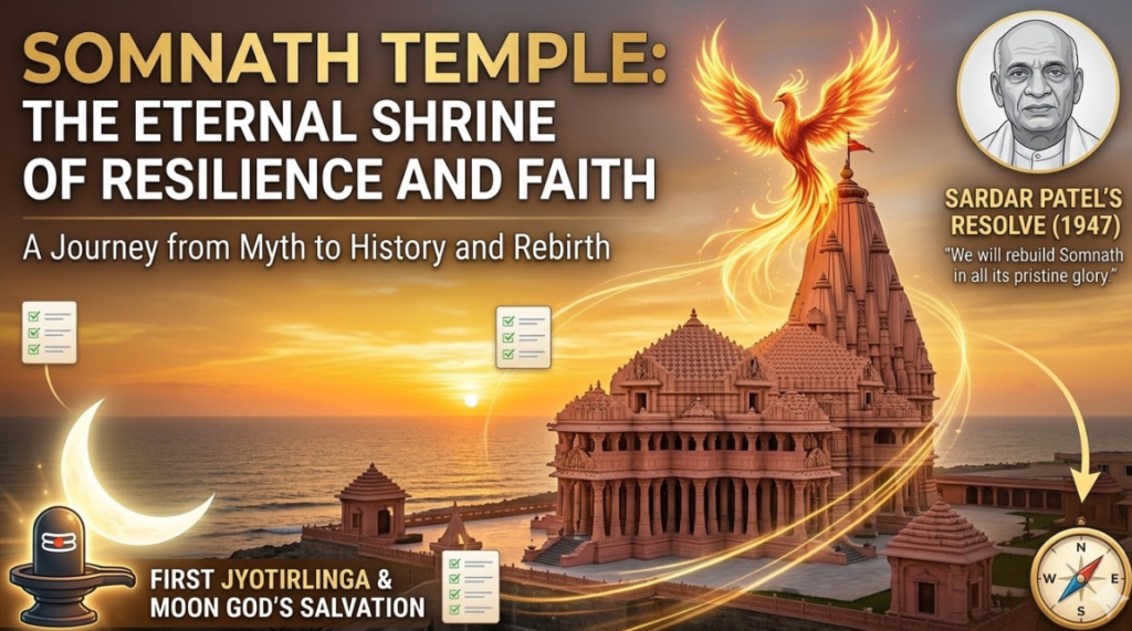 A comprehensive editorial infographic about the Somnath Temple. The prominent title reads: 'SOMNATH TEMPLE: THE ETERNAL SHRINE OF RESILIENCE AND FAITH', with the subtitle: 'A Journey from Myth to History and Rebirth'. The central element is a detailed, realistic photo of the grand Somnath Temple complex on the Arabian Sea coast, set against a warm sunset and a visible crescent moon. A large, glowing golden and orange phoenix flies above the temple, symbolizing rebirth. In the top right, a circular portrait of Sardar Vallabhbhai Patel is labeled 'SARDAR PATEL'S RESOLVE (1947)' with his quote: ''We will rebuild Somnath in all its pristine glory.'' In the bottom left, a stylized icon of a Shivalinga with a glowing crescent moon and stars is labeled: 'FIRST JYOTIRLINGA & MOON GOD'S SALVATION'. Three small checklist icons with checkmarks are integrated near the phoenix, over the sea, and over the temple. A compass with an arrow pointing South is in the bottom right corner. The entire image is framed with glowing light trails and features small symbolic icons like tridents and gears.