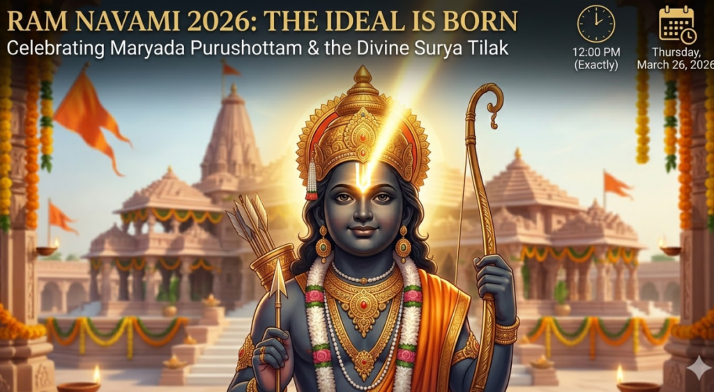 A detailed, illustrated featured image infographic for a Ram Navami 2026 article. The central focus is a smiling portrait of Lord Rama as a dark-stone idol (Ram Lalla style), richly adorned, holding his bow and arrow within the Ayodhya Ram Mandir complex. A focused, brilliant beam of golden sunlight, representing the divine 'Surya Tilak' ritual, strikes the center of his forehead. Text at the top reads: 'RAM NAVAMI 2026: THE IDEAL IS BORN' and 'Celebrating Maryada Purushottam & the Divine Surya Tilak'. In the top right, a graphic clock points to '12:00 PM (Exactly)' and a calendar icon specifies 'Thursday, March 26, 2026'.