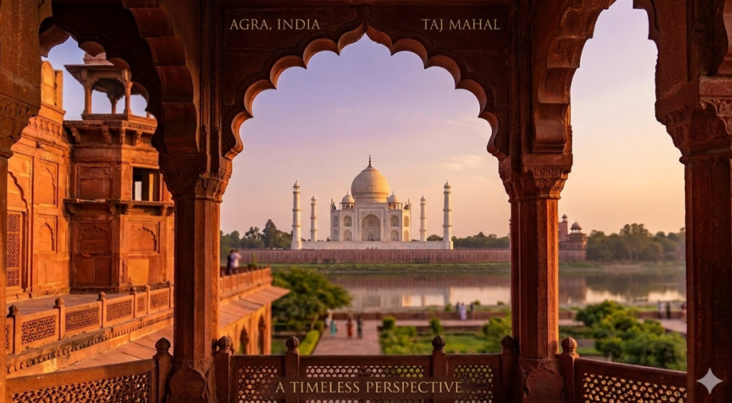 A picturesque view of the white marble Taj Mahal at sunrise, perfectly framed through an intricately carved red sandstone Mughal archway. Overlaid text on the image reads "AGRA, INDIA" at the top left, "TAJ MAHAL" at the top right, and "A TIMELESS PERSPECTIVE" at the bottom center.
