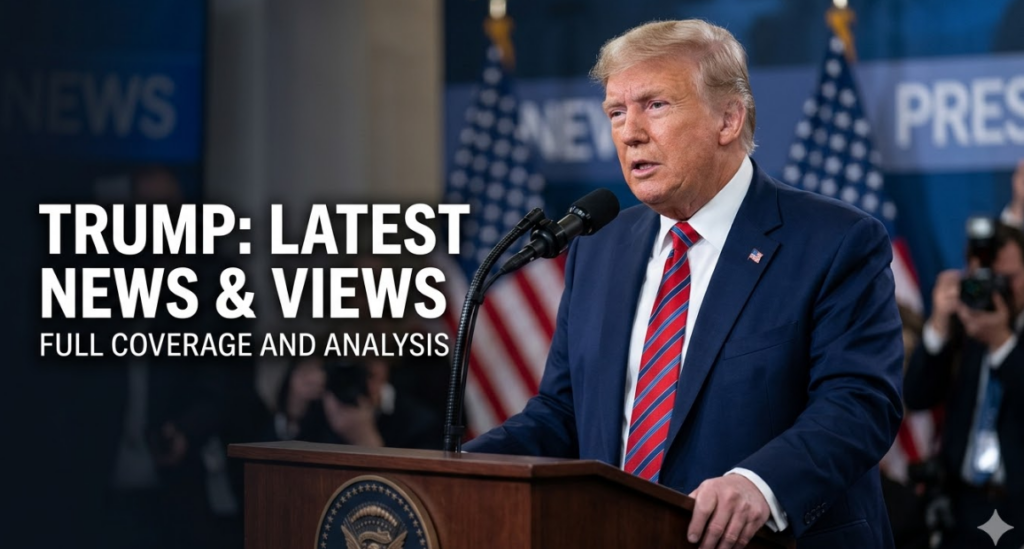 A news-style graphic showing Donald Trump speaking at a presidential podium with a microphone, wearing a dark blue suit and a red and blue striped tie. The background features American flags and a blurred press corps taking photos. Large, bold white text overlaid on the left side reads: 'TRUMP: LATEST NEWS & VIEWS' with smaller text below reading 'FULL COVERAGE AND ANALYSIS'. Trump Iran news