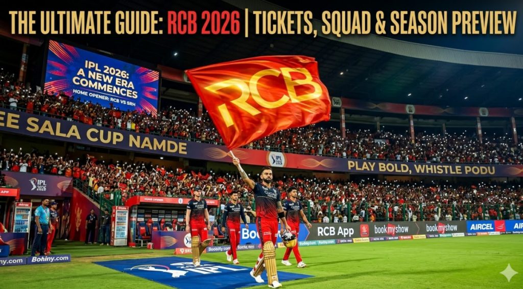 A vibrant featured image for an article titled "THE ULTIMATE GUIDE: RCB 2026 | TICKETS, SQUAD & SEASON PREVIEW." The scene depicts Virat Kohli leading the Royal Challengers Bengaluru team onto the pitch at a packed stadium at night. Kohli is proudly waving a massive red flag with a gold 'RCB' logo. The stands are illuminated by thousands of fans holding up phone flashlights, and a large digital stadium screen in the background reads 'IPL 2026: A NEW ERA COMMENCES | HOME OPENER: RCB VS SRH.'
