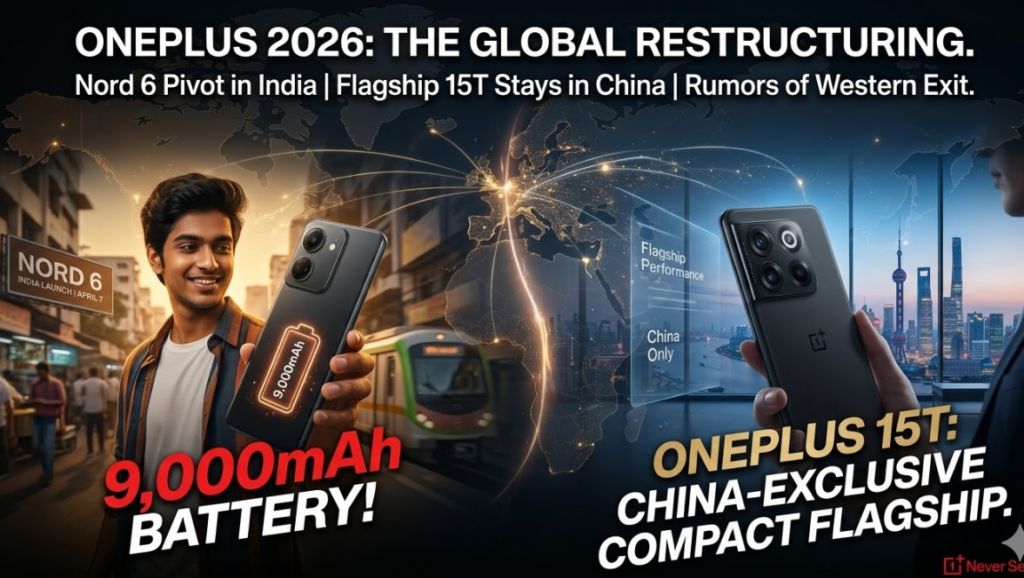 A detailed infographic summary of the massive organizational shifts for OnePlus as of March 2026. The main white sans-serif headline across the top center, set against a dark global map, reads: 'ONEPLUS 2026: THE GLOBAL RESTRUCTURING.' Below it, smaller white text details: 'Nord 6 Pivot in India | Flagship 15T Stays in China | Rumors of Western Exit.' A glowing energy line on the background map divides the Eastern and Western hemispheres, visually emphasizing the dramatic shift. The infographic is split logically into two columns. The left side, in warm amber lighting, focuses on the new India strategy: a portrait of a smiling young Indian man in a blurred Nagpur urban street setting holding the OnePlus Nord 6. Dynamic red and white text, highlighted by a stylized large glowing battery icon, reads: '9,000mAh BATTERY!' Background elements hint at a 'NORD 6 INDIA LAUNCH | APRIL 7.' The right side, in cool blue lighting, focuses on the premium China strategy: a sophisticated close-up photograph of a business professional in a high-rise office overlooking the futuristic Shanghai skyline at twilight, holding the premium, China-exclusive OnePlus 15T. Elegant gold and white text across the lower right section reads: 'ONEPLUS 15T: CHINA-EXCLUSIVE COMPACT FLAGSHIP.' A visible telephoto lens array and premium Hasselblad branding are highlighted on the back of the phone. Subtle text elements, appearing on a translucent screen display, mention 'Flagship Performance' and 'China Only.' The lighting contrast visually represents the diverse market approaches, set against a dark global map indicating a retreat from Western markets. A subtle red OnePlus ' Never Settle' watermark is in the bottom right corner."