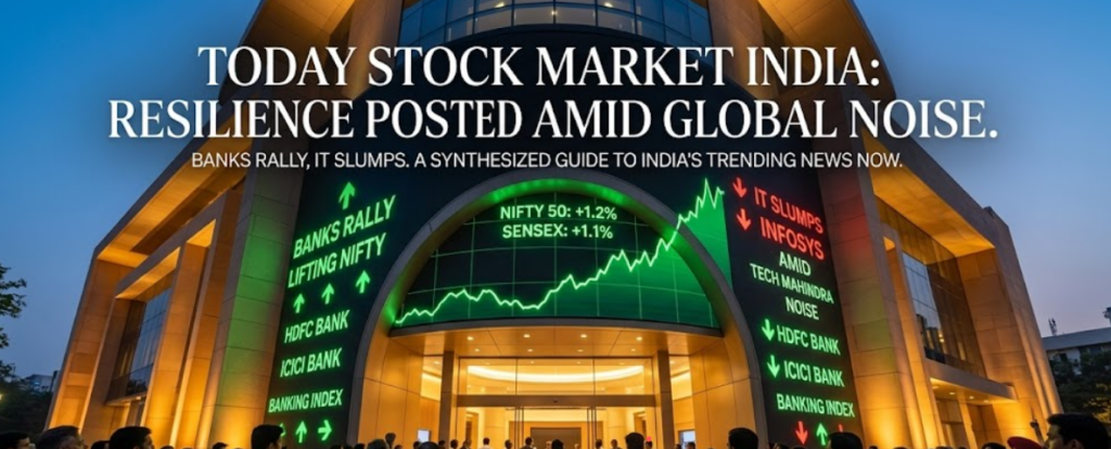 A sophisticated, photojournalistic featured image for a stock market article, combining dynamic digital overlays with a twilight street scene in Nagpur, India, on March 26, 2026. Diverse crowds of professional and diverse Indian investors gather, looking up at dynamic digital displays on the façade of a modern stone stock exchange building bathed in warm golden light against a deep blue twilight sky. A large, central curved digital display arch shows a green line chart with a clear upward trend, overlaid with elegant white serif text reading: "TODAY STOCK MARKET INDIA: RESILIENCE POSTED AMID GLOBAL NOISE." Below it, a smaller text header reads: "BANKS RALLY, IT SLUMPS. A SYNTHESIZED GUIDE TO INDIA'S TRENDING NEWS NOW."