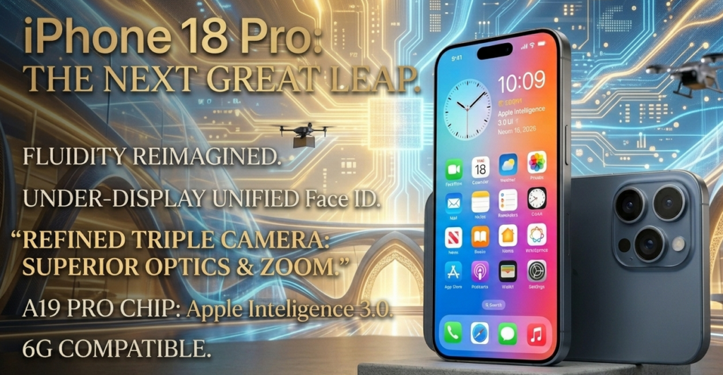 "A vibrant, futuristic visualization of the conceptual iPhone 18 Pro set against a glowing, high-tech background of golden light and glowing blue circuitry. The phone stands upright, displaying a bright iOS home screen, with the back of another phone showing a triple-lens camera module next to it. Large gold text reads: 'iPhone 18 Pro: THE NEXT GREAT LEAP.' Subtext highlights features including 'Fluidity Reimagined,' 'Under-Display Unified Face ID,' and 'Apple Intelligence 3.0,' with a drone hovering in the high-tech background." iPhone 18 Pro conceptual visualization set against a vibrant, glowing high-tech background of golden circuitry, highlighting features like unified Face ID and Apple Intelligence."
