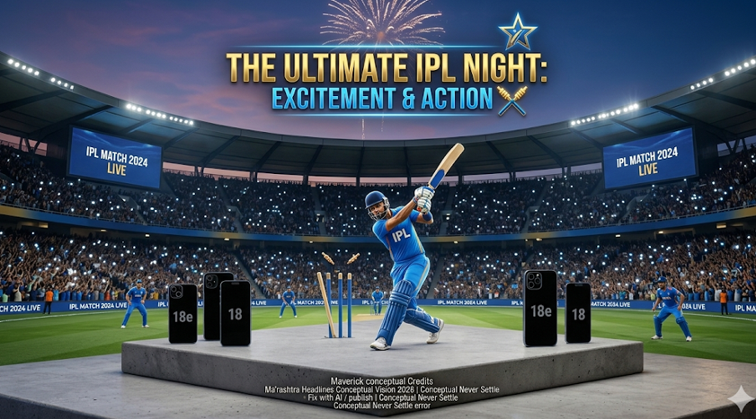A vast, packed cricket stadium at twilight with large floodlights illuminating the scene and a massive burst of fireworks in the sky above. Floating above the central action is prominent metallic gold and blue text reading, "THE ULTIMATE IPL NIGHT: EXCITEMENT & ACTION". Below the text, centrally positioned on a large grey concrete batting block, a cricketer wearing a blue uniform with "IPL" on the jersey strikes a powerful shot with a cricket bat. Flanking the batter on the concrete platform are four modern smartphones displayed like products. Two larger black smartphones labeled "18e" are paired with slightly smaller ones labeled "18", one pair on the left and one on the right. Jumbotron screens on both sides of the stadium stand display "IPL MATCH 2024 LIVE". Boundary advertising boards are visible in the midground, and a large crowd holding up glowing phone lights fills the stands. At the very bottom center, small white text reads, "Maverick conceptual Credits Ma'rashtra Headlines Conceptual Vision 2026 | Conceptual Never Settle Fix with AI / publish | Conceptual Never Settle Conceptual Never Settle error".