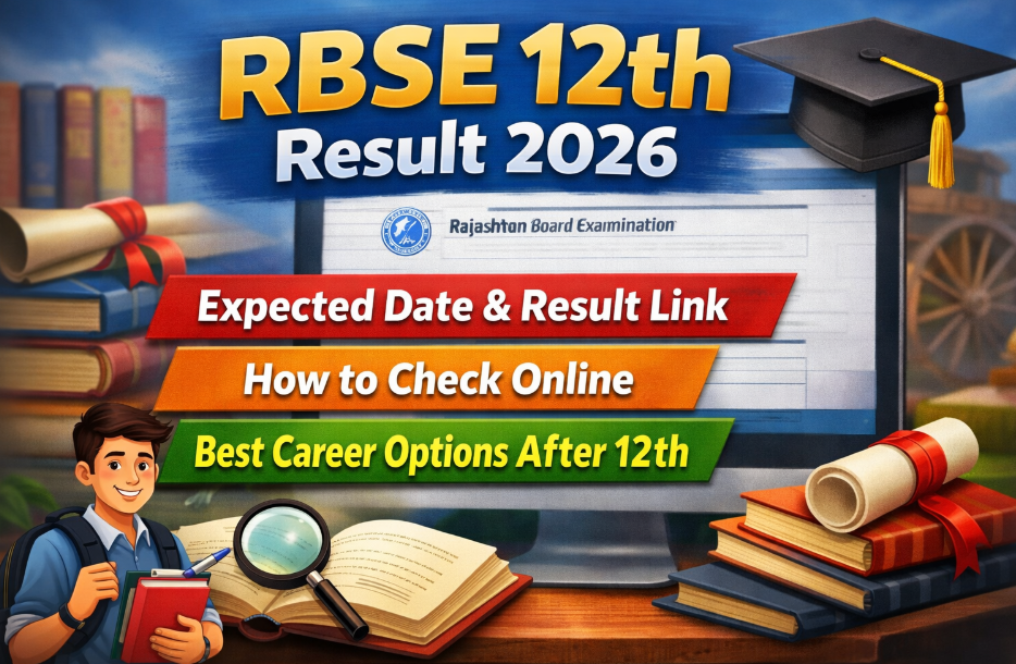 "Educational banner for the RBSE 12th Result 2026 guide, featuring topics like expected dates, how to check the result link online, and the best career options after 12th grade."