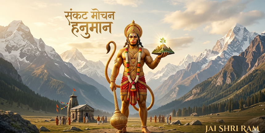 A photorealistic devotional image of Lord Hanuman with golden skin, fully adorned in jewelry and a crown. He stands powerfully, holding a golden mace (gada) in his left hand and a glowing miniature of the Dronagiri mountain with Sanjeevani herbs in his right. Above him, bold Devanagari text in gold reads "संकट मोचन हनुमान". Below, a small temple and devotees are nestled in a valley against a grand, snow-capped mountain range under a partly cloudy sky. At the bottom right, English text reads "JAI SHRI RAM" and "NAGPUR, 2026".