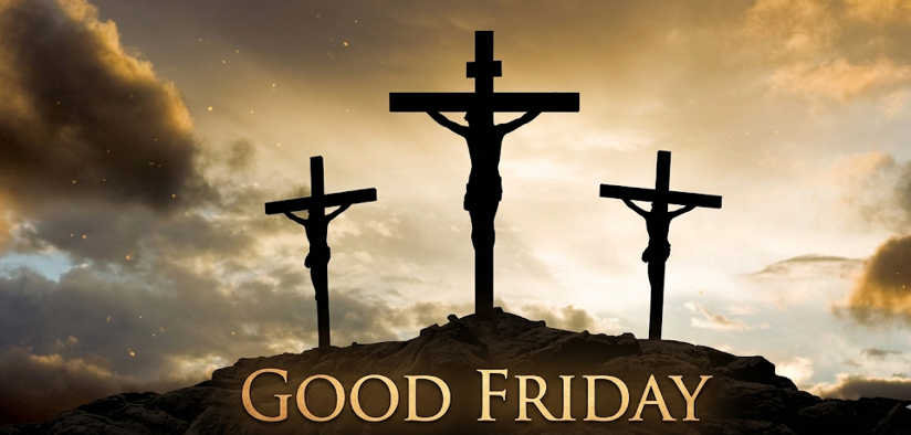 A dramatic silhouette illustration of three crosses on a rocky hill, against a golden-orange and grey cloudy sunset sky. The central cross has a figure on it, and the two side crosses also have smaller figures. Bold golden text at the bottom reads "GOOD FRIDAY".
