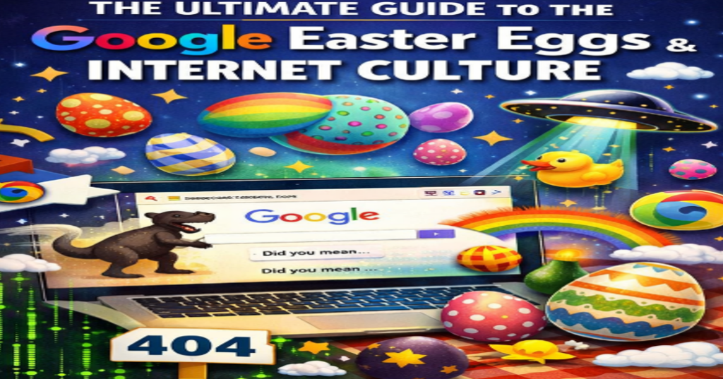 A vibrant, space-themed cartoon guide-style image with "THE ULTIMATE GUIDE TO THE 67 MEME, GOOGLE EASTER EGGS, & INTERNET CULTURE" text. A large "67" with a question mark is in a search bar below, with various emojis like a shocked face, a laughing-crying face, a smiling face, and a doge with sunglasses. Other graphics include a red "FAIL!" sign, a red "WOW!" burst, clouds, stars, an envelope, and small app-style icons. The background is a galaxy with planet-like shapes.