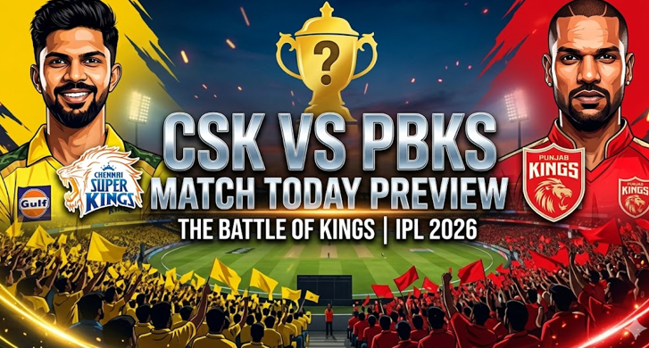 A dynamic promotional graphic for today's IPL match featuring Chennai Super Kings captain Ruturaj Gaikwad and Punjab Kings captain Shikhar Dhawan. The background shows a stadium divided with cheering fans in yellow and red. The bold text reads 'CSK VS PBKS MATCH TODAY PREVIEW', setting the perfect stage for our ultimate CSK vs PBKS prediction.