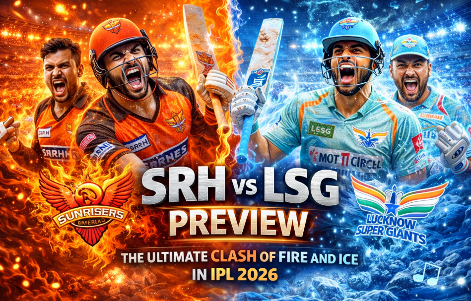A dynamic, split-screen promotional graphic for an IPL cricket match. The left side features a fiery orange and red theme with two Sunrisers Hyderabad players roaring aggressively, one holding a flaming bat, positioned above the SRH logo. The right side features an icy blue theme with two Lucknow Super Giants players cheering, one holding a frosted bat, positioned above the LSG logo. In the center, bold 3D text reads "SRH vs LSG PREVIEW" with a subtitle below stating "THE ULTIMATE CLASH OF FIRE AND ICE IN IPL 2026".