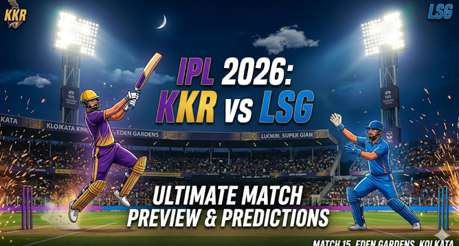 Promotional graphic for the IPL 2026 Match 15 between KKR and LSG at Eden Gardens. An illustrated Kolkata Knight Riders batsman plays a shot while a Lucknow Super Giants fielder reacts under stadium floodlights. Bold text overlay reads: "IPL 2026: KKR vs LSG", "Ultimate Match Preview & Predictions", and "Match 15, Eden Gardens, Kolkata".