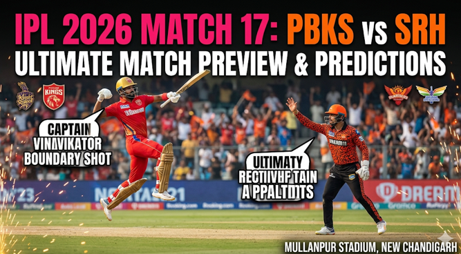 Action graphic for IPL 2026 Match 17 between PBKS and SRH. A Punjab Kings batsman in a red kit jumps to play an aggressive shot while a Sunrisers Hyderabad player in an orange kit reacts. The image features bold text reading 'IPL 2026 MATCH 17: PBKS vs SRH', 'ULTIMATE MATCH PREVIEW & PREDICTIONS', and 'MULLANPUR STADIUM, NEW CHANDIGARH' set against a packed daytime stadium background.