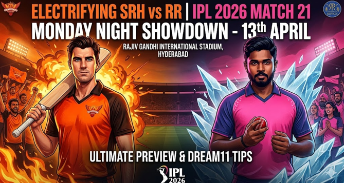 Cinematic promotional matchday poster for the electrifying SRH vs RR IPL 2026 Match 21. The graphic features a "Fire vs Ice" theme, showing illustrated captains of Sunrisers Hyderabad and Rajasthan Royals facing off against a backdrop of flames and ice shards at the Rajiv Gandhi International Stadium. Text overlays highlight the "Monday Night Showdown" and "Ultimate Preview & Dream11 Tips."