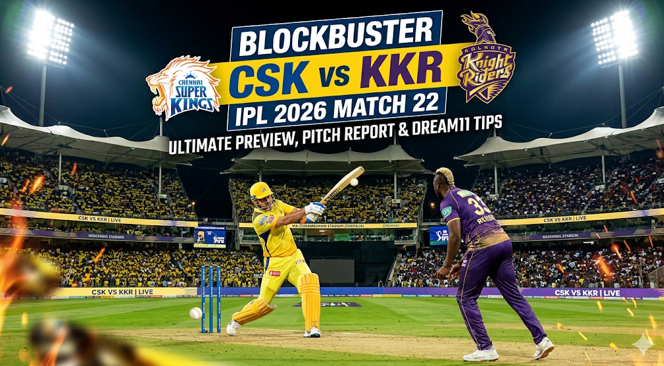 A featured image graphic poster for the CSK vs KKR IPL 2026 Match 22 cricket match. The promotional poster displays the Chennai Super Kings lion logo and prominent text reading 'CSK vs KKR IPL 2026 Match 22', 'ULTIMATE PREVIEW, PITCH REPORT & DREAM11 TIPS', and 'ARTICLE BY SPORTS CENTRAL'. The background shows a packed cricket stadium at night with boundary rope text reading 'WANKHEDE STADIUM', and a stylized text overlay on the playing field reads 'CHEPAUK FORTRESS'.