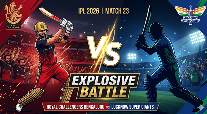 A promotional featured image poster for 'IPL 2026 | MATCH 23' titled 'EXPLOSIVE BATTLE' between 'ROYAL CHALLENGERS BENGALURU' and 'LUCKNOW SUPER GIANTS,' featuring the team logos and a 'VS' graphic. On the left is an aggressive batter in a packed red crowd. On the right is a distant silhouette bowler in a packed blue crowd, all set against a stadium backdrop at night.