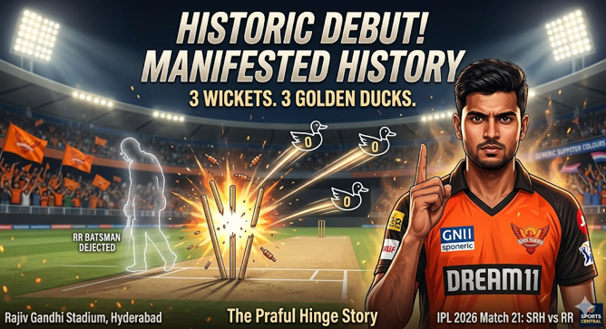 Illustrated IPL 2026 match graphic highlighting a historic debut performance by a Sunrisers Hyderabad player, showing “3 wickets, 3 golden ducks” with dramatic stumps explosion in a cricket stadium at Rajiv Gandhi Stadium, Hyderabad. A confident player in an orange SRH jersey gestures with one finger raised, while icons and silhouettes depict dismissed batsmen in a high-energy, floodlit match atmosphere.