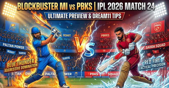 Promotional poster for MI vs PBKS IPL 2026 Match 24 showing two animated cricketers—one in blue representing Mumbai Indians and one in red representing Punjab Kings—facing off in a dramatic stadium setting with lightning effects, crowd energy, and bold text highlighting “Blockbuster MI vs PBKS IPL 2026 Match 24 – Ultimate Preview & Dream11 Tips” from the Indian Premier League.