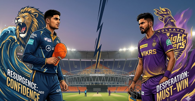 An illustrative poster for the crucial GT vs KKR IPL 2026 Match 25 featuring team captains Shubman Gill and Shreyas Iyer facing off at the Narendra Modi Stadium. The graphic highlights Gujarat Titans' "Resurgence: Confidence" on the left against Kolkata Knight Riders' "Desperation: Must-Win" on the right.