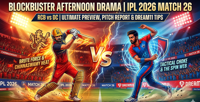 A vibrant, illustrative preview poster for the RCB vs DC IPL 2026 Match 26. The graphic features a dramatic split-screen: on the left, a fiery Royal Challengers Bengaluru batter represents "Brute Force & Chinnaswamy Heat," while on the right, a glowing Delhi Capitals bowler represents "Tactical Choke & The Spin Web." This dynamic image is ideal for highlighting the tactical battle, pitch report, and Dream11 prediction for the afternoon clash.