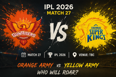 An infographic match preview image for SRH vs CSK IPL 2026 Match 27. The dark stadium background features large stylized logos: the Sunrisers Hyderabad eagle logo on an orange splatter (left) and the Chennai Super Kings lion logo on a yellow splatter (right). A rustic white 'VS' is centered between them. Contextual icons display text: 'MATCH 27', 'IPL 2026', and 'VENUE: TBC'. Handwritten text at the bottom reads: 'ORANGE ARMY VS YELLOW ARMY' and 'WHO WILL ROAR?'.