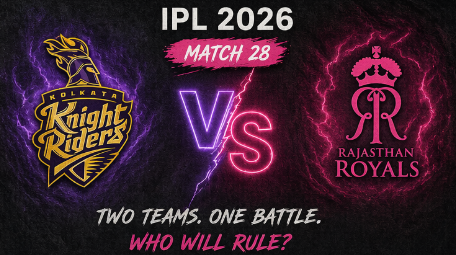 A high-energy neon promotional graphic for the KKR vs RR IPL 2026 Match 28. The dark background features the Kolkata Knight Riders logo surrounded by purple lightning on the left, facing off against the Rajasthan Royals logo enveloped in pink lightning on the right. A glowing neon "Vs" splits the center. Text at the top reads "IPL 2026 MATCH 28", with the tagline "TWO TEAMS. ONE BATTLE. WHO WILL RULE?" at the bottom.