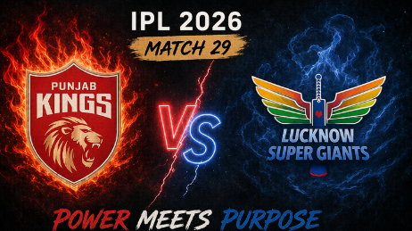 An electrifying promotional graphic for the PBKS vs LSG IPL 2026 Match 29. The design features the Punjab Kings logo engulfed in fiery orange flames on the left, facing off against the Lucknow Super Giants logo surrounded by cool blue smoke on the right. A glowing neon 'VS' separates the two teams, with the heading 'IPL 2026 MATCH 29' at the top and the tagline 'POWER MEETS PURPOSE' at the bottom.