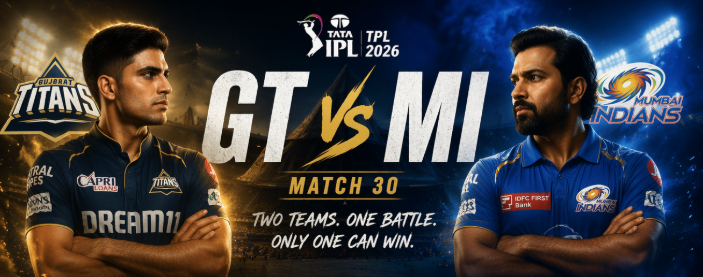 A dramatic promotional banner for the GT vs MI IPL 2026 Match 30 featuring Gujarat Titans captain Shubman Gill on the left and Mumbai Indians captain Hardik Pandya on the right. The graphic splits a lit stadium background into glowing gold and blue, displaying the official team logos, the TATA IPL branding, and the intense tagline 'Two Teams. One Battle. Only One Can Win.'