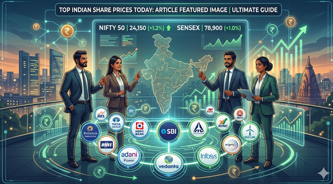 A dynamic digital illustration of business professionals analyzing the Top Indian Share Prices Today on a futuristic, glowing holographic dashboard. The interface displays a map of India, rising Nifty 50 and Sensex charts, and major corporate logos like SBI, Tata, Reliance, and HDFC Bank, set against a modern city skyline at sunset.