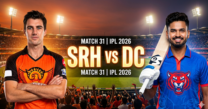 An action-packed cricket graphic for the SRH vs DC IPL 2026 Match 31, showing a Delhi Capitals player celebrating a bowled wicket while a Sunrisers Hyderabad batsman walks away. A packed Uppal stadium sits in the background under evening skies, with bold text overlays reading "SRH vs DC MATCH 31 | IPL 2026" and "PANT & DELHI CAPITALS STRIKE EARLY AT UPPAL".