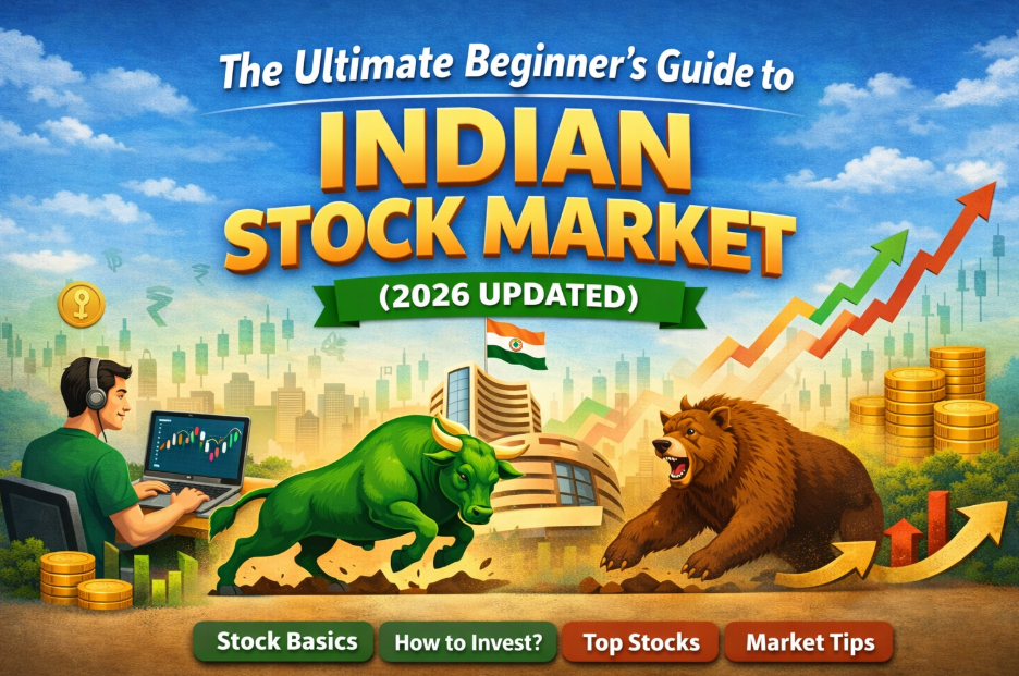 A vibrant cover illustration for the Beginner’s Guide to Indian Stock Market, featuring a young investor analyzing charts on a laptop alongside a green market bull and a brown bear. The background includes the BSE building, an Indian flag, rising financial arrows, and gold coins, with navigation buttons for Stock Basics, How to Invest, Top Stocks, and Market Tips.